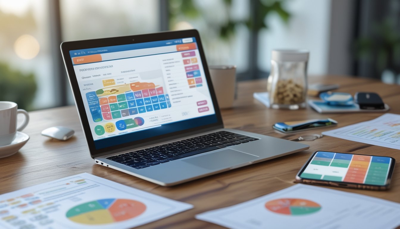 Meja kerja dengan laptop dan dokumen berisi grafik dan angka statistik togel, ditemani kopi dan ponsel.