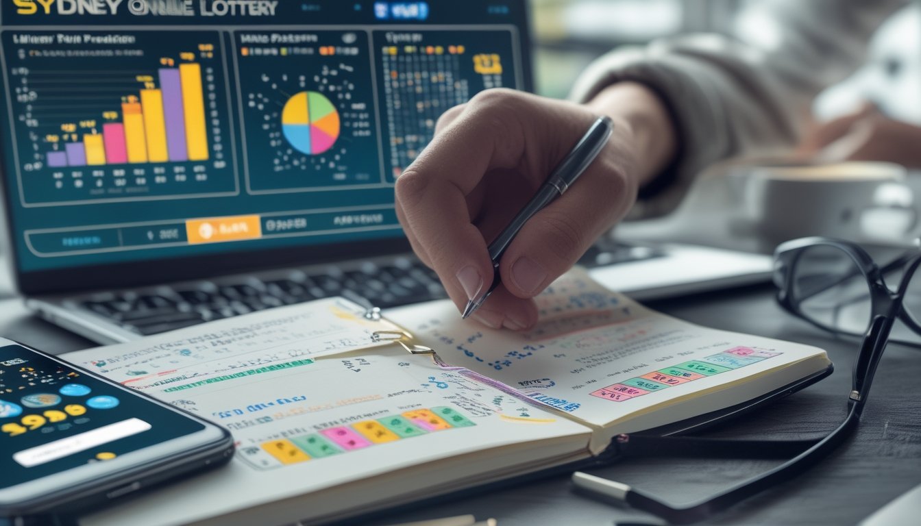 Meja kerja dengan laptop, catatan angka, dan tangan yang memegang pena, menunjukkan aktivitas analisis prediksi dan statistik togel online.