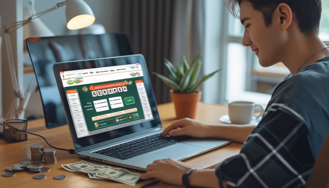 Seorang pemula bermain togel Sydney online di laptop di ruang kerja rumah yang nyaman dengan suasana tenang.