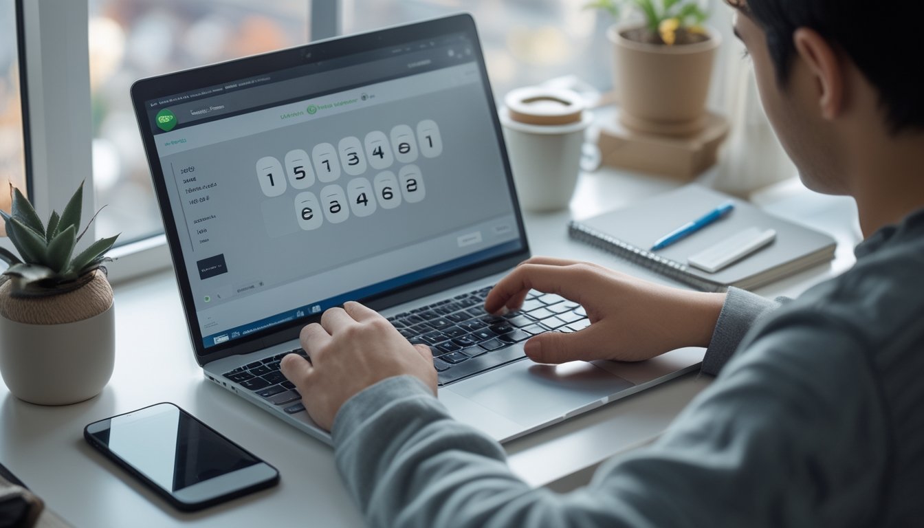 Seorang pemula bermain togel Sydney online di laptop di meja kerja di rumah dengan suasana nyaman dan pencahayaan alami.