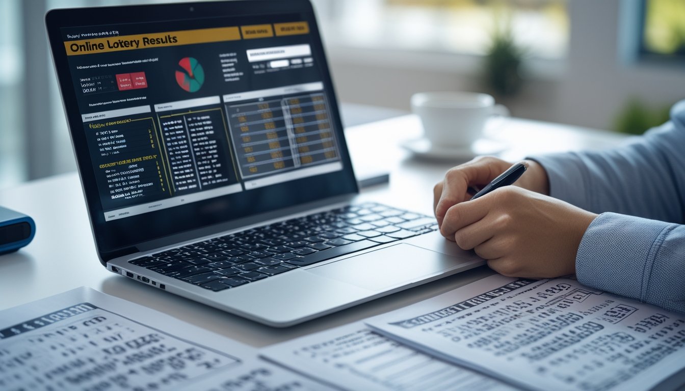 Seseorang sedang bekerja di meja dengan laptop dan kertas berisi data angka, fokus pada analisis hasil togel online.