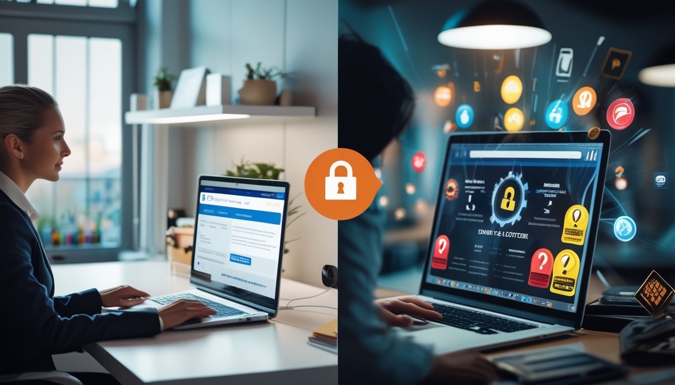 Dua orang di meja dengan laptop, satu terlihat percaya diri di lingkungan terang dan rapi, yang lain frustrasi di lingkungan gelap dan berantakan.