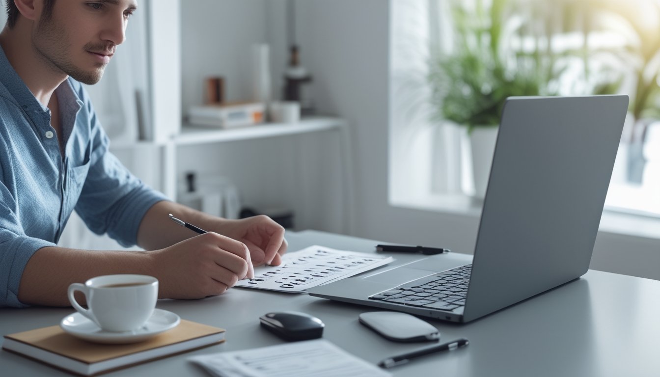 Seseorang sedang duduk di meja dengan laptop dan kertas, fokus menghitung angka togel di ruangan yang terang dan rapi.