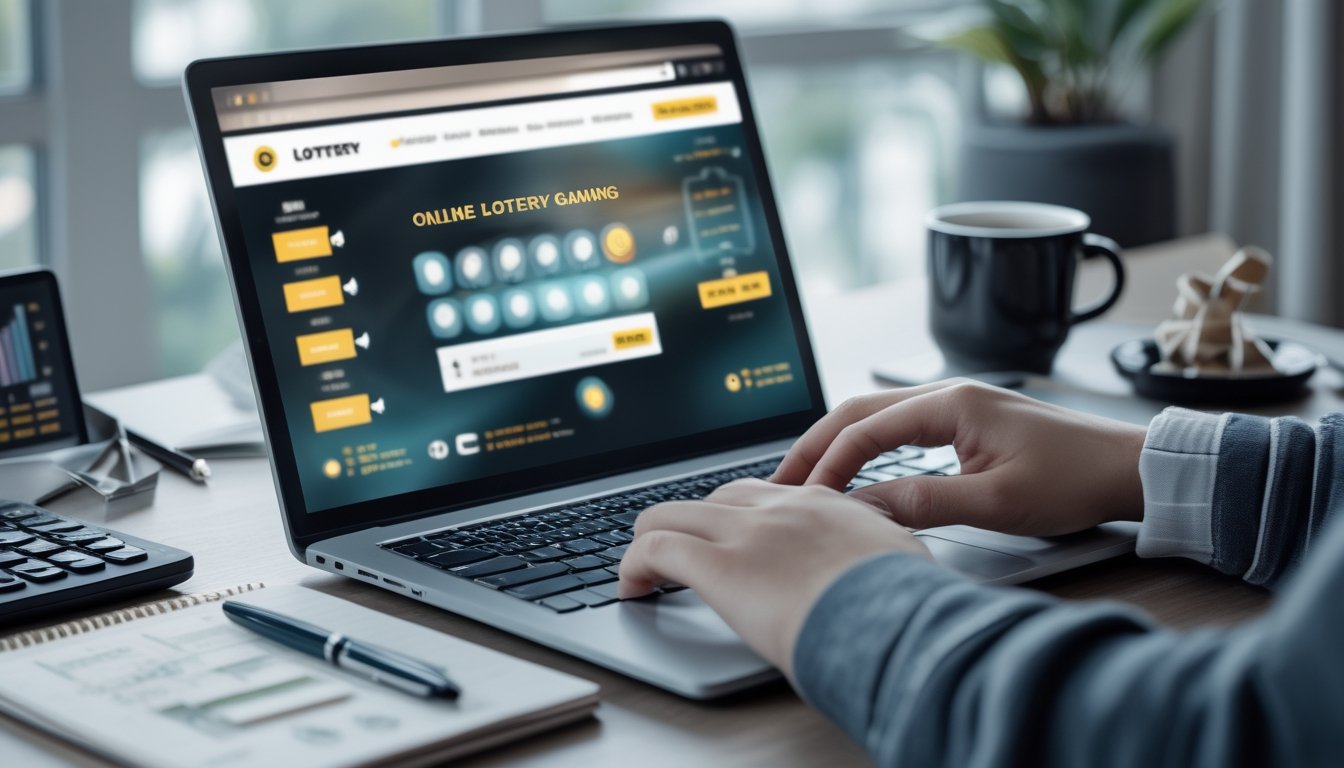 Seorang pria sedang menggunakan laptop di meja kerja dengan alat tulis dan kalkulator di sampingnya, menunjukkan suasana perencanaan dan pengelolaan keuangan.