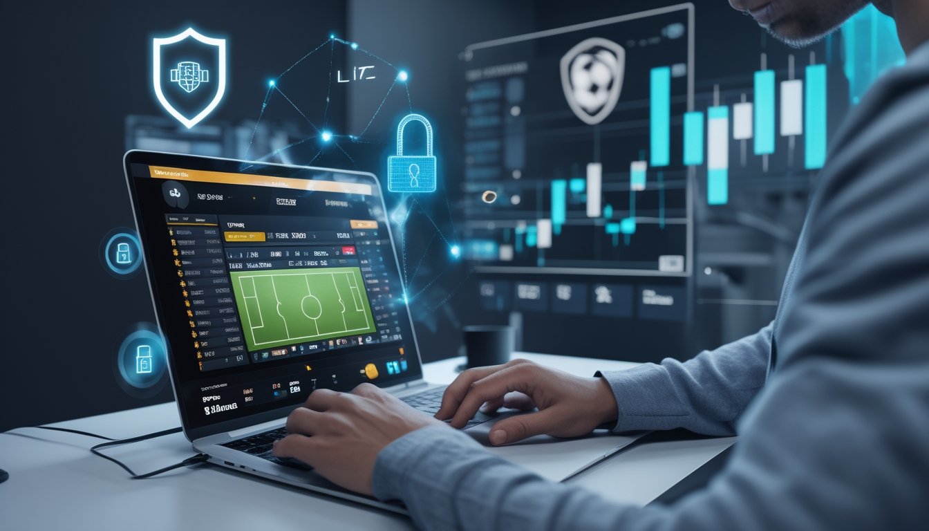 Seseorang menggunakan laptop di meja kerja dengan tampilan situs taruhan bola online dan simbol keamanan digital di sekitarnya.