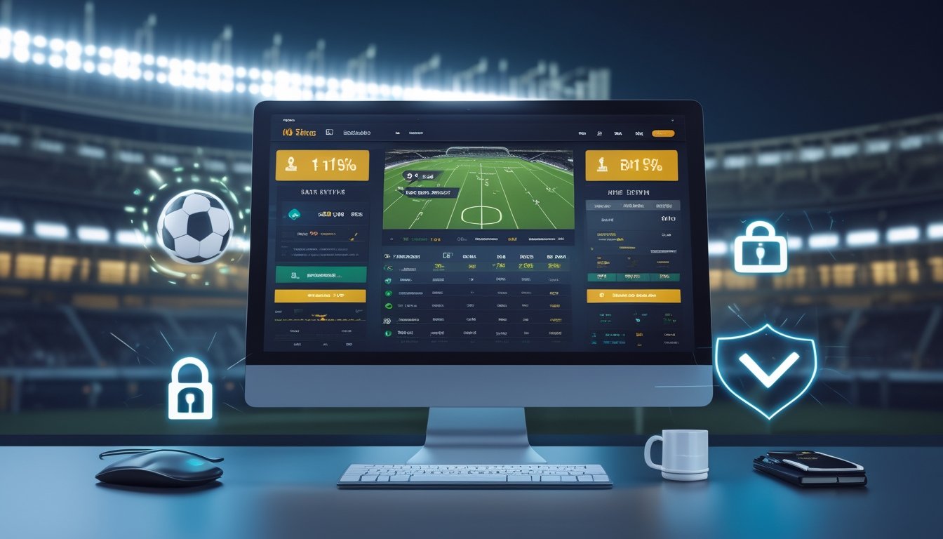 Sebuah ruang kerja modern dengan komputer yang menampilkan antarmuka taruhan bola online, dilengkapi dengan simbol keamanan dan dekorasi bertema olahraga.