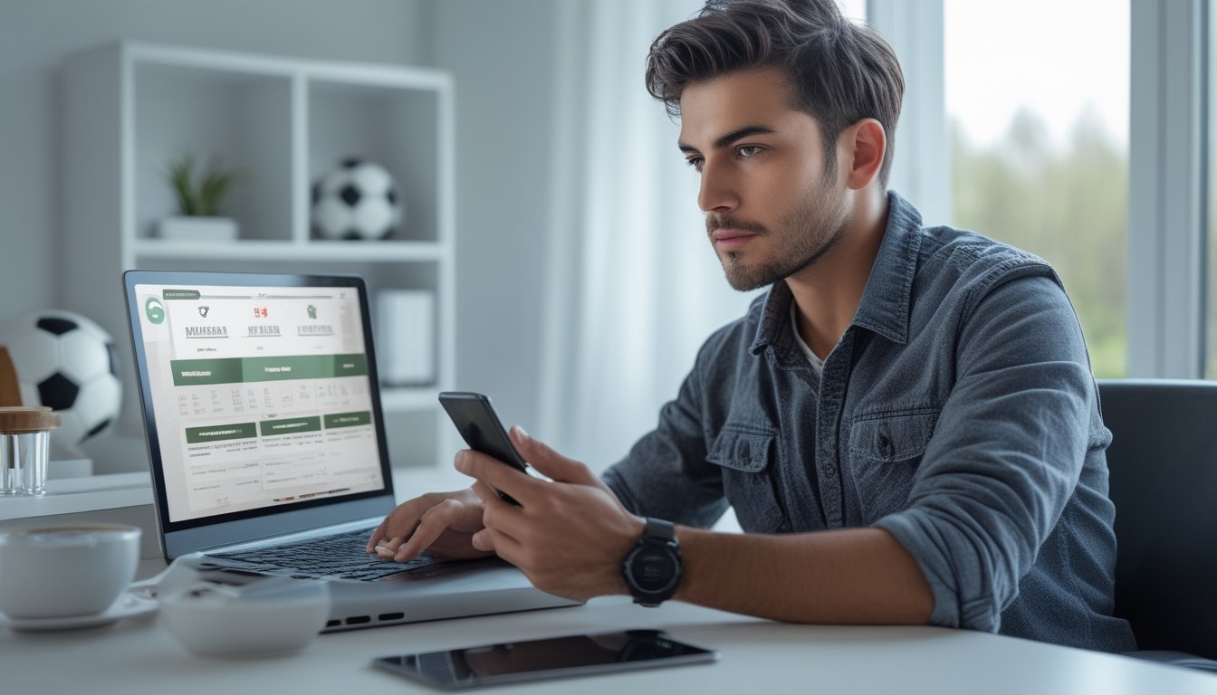 Seorang pria muda duduk di meja dengan laptop dan ponsel, melihat situs taruhan bola online dengan latar belakang bola sepak dan suasana ruangan yang terang.