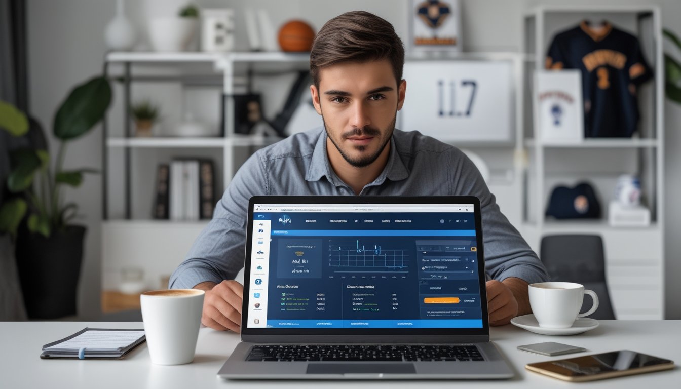 Seorang pria muda duduk di meja kerja dengan laptop yang menampilkan situs taruhan bola online, dikelilingi oleh ponsel, cangkir kopi, dan alat tulis di ruang kerja yang terang dan rapi.