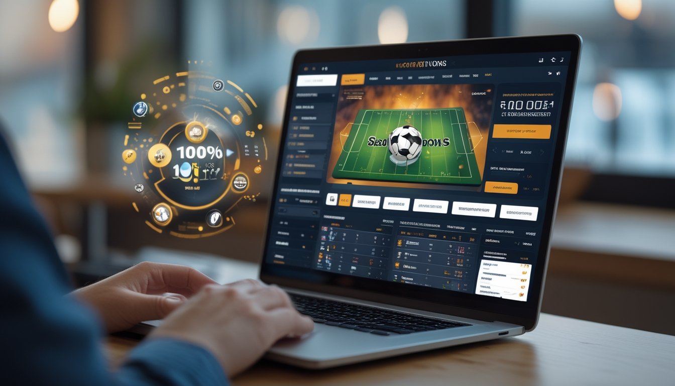 Seorang pengguna sedang menggunakan laptop yang menampilkan situs taruhan bola online dengan suasana ruangan yang nyaman.