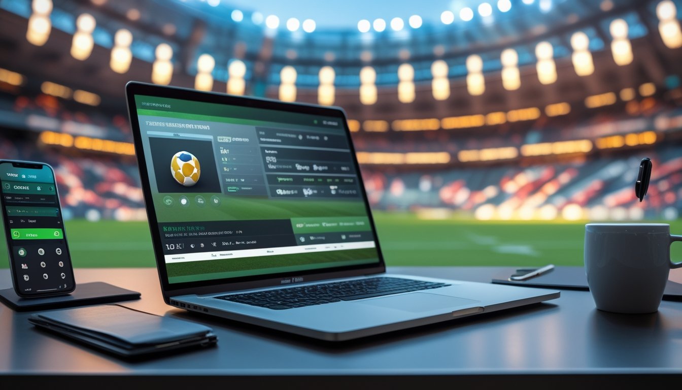 Meja kerja modern dengan laptop dan ponsel yang menampilkan situs taruhan bola online, latar belakang stadion sepak bola dengan lampu terang dan penonton.