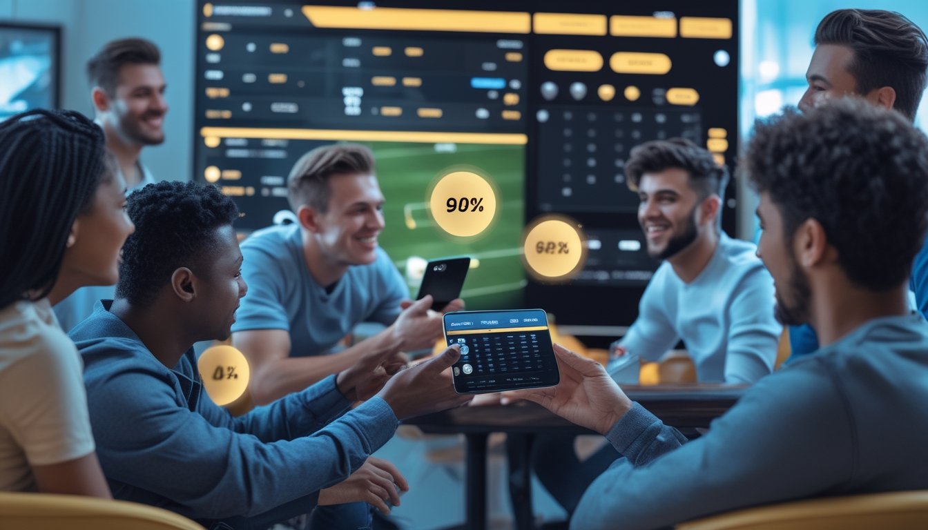 Sekelompok orang muda sedang melihat layar digital dengan statistik pertandingan sepak bola dan menggunakan aplikasi taruhan di ponsel.