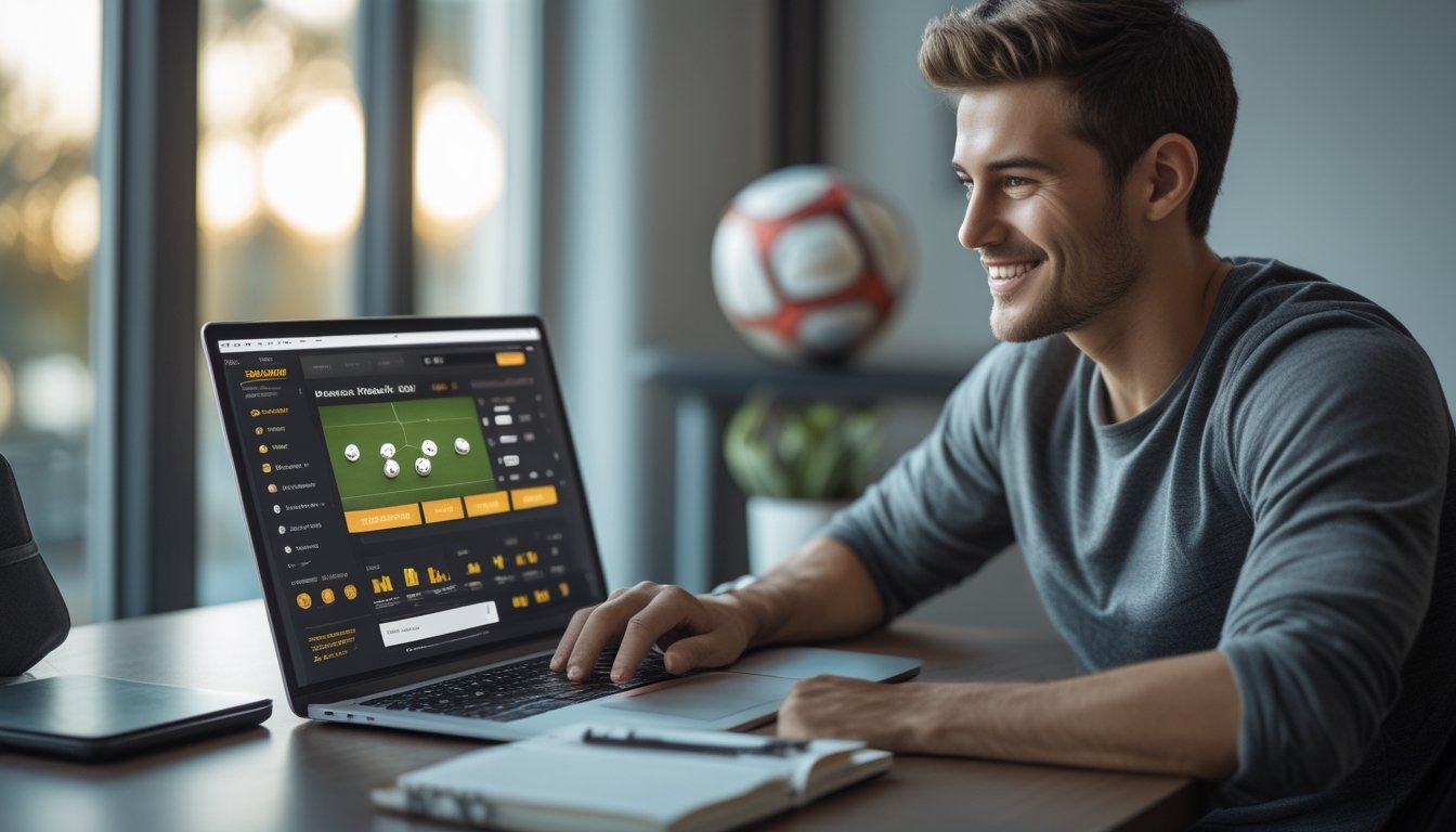 Seorang pria muda duduk di depan laptop dengan tampilan situs taruhan bola online, di meja terdapat ponsel, cangkir kopi, dan buku catatan.