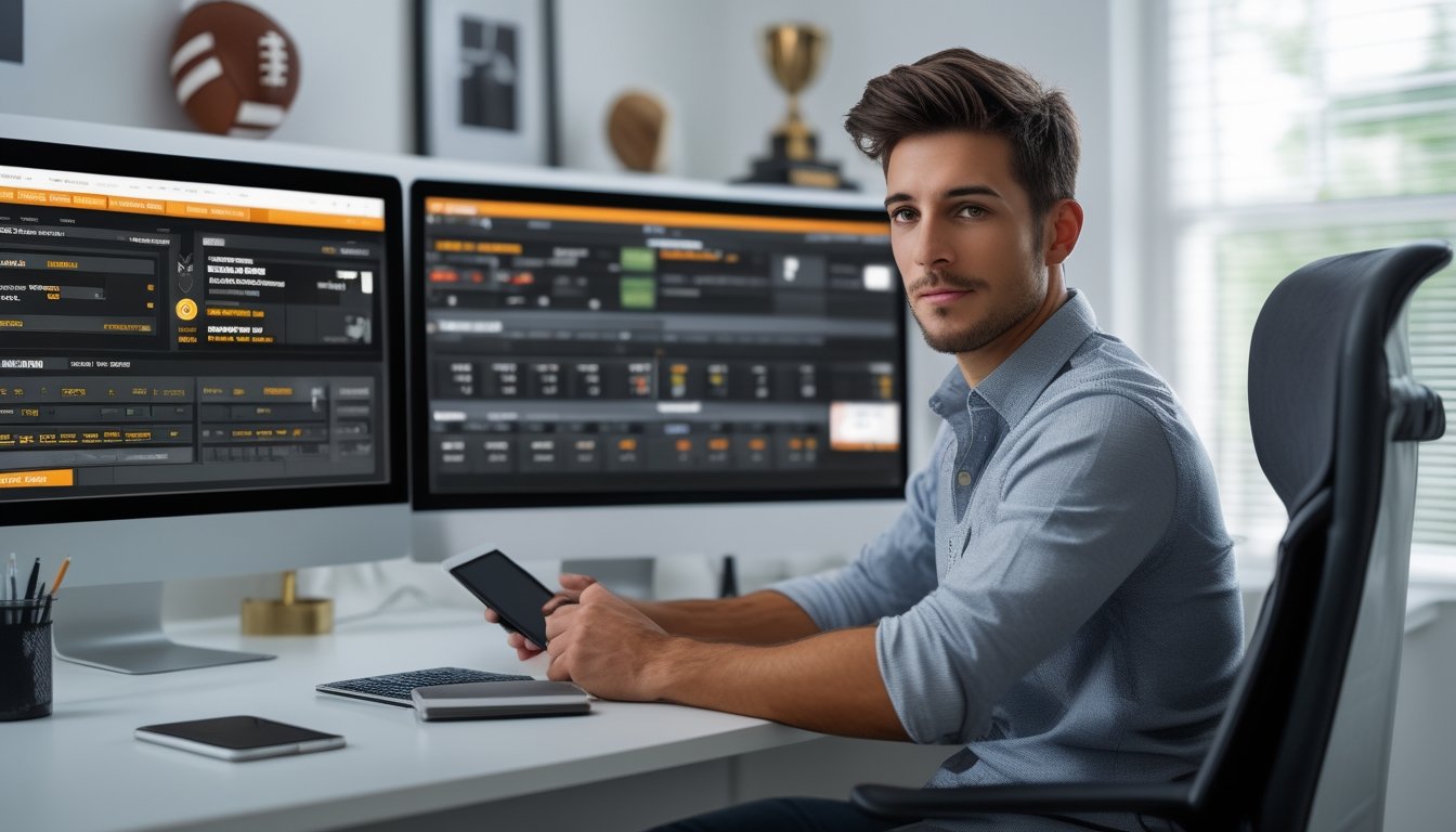 Seorang pria muda duduk di meja dengan beberapa monitor komputer menampilkan data taruhan olahraga online di ruang kerja modern.