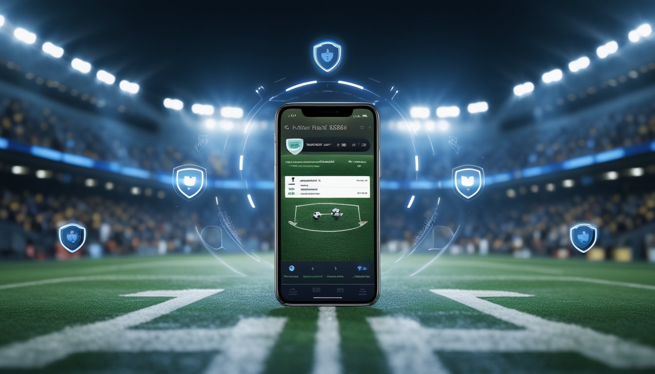 Seorang pengguna memegang ponsel dengan aplikasi taruhan bola online yang menampilkan skor pertandingan dan odds taruhan, dengan latar belakang stadion sepak bola yang ramai.