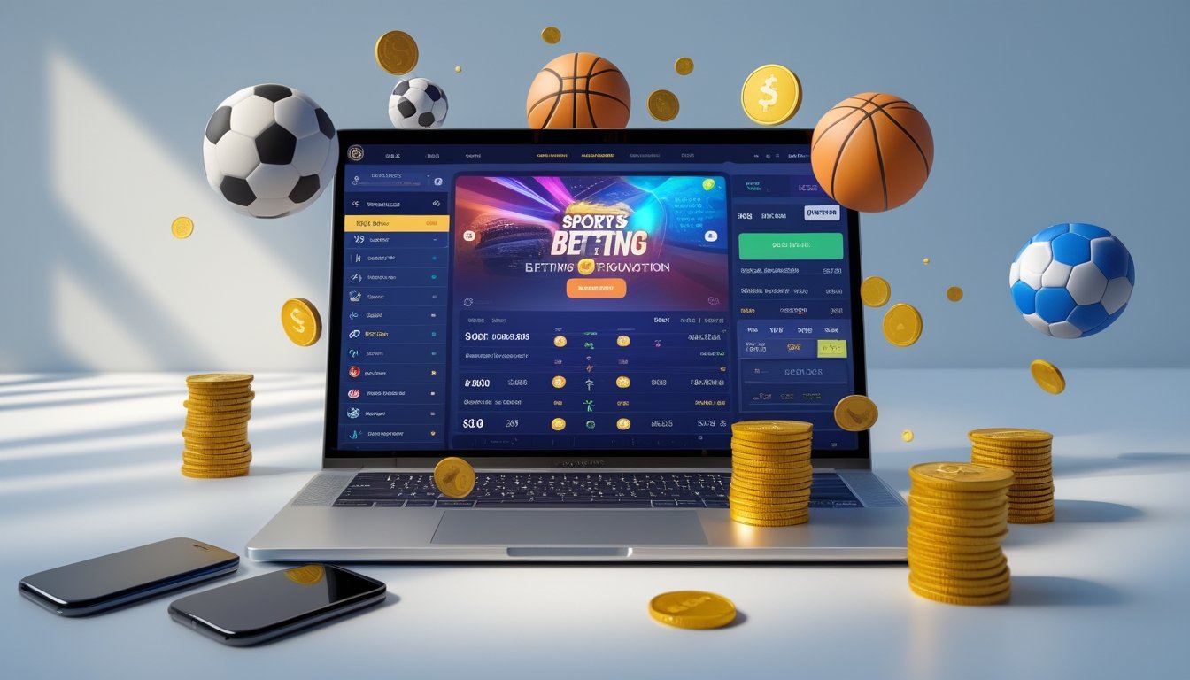 Seorang pengguna menggunakan laptop dan ponsel untuk mengakses situs taruhan olahraga online dengan ikon olahraga dan simbol transaksi di sekitarnya.