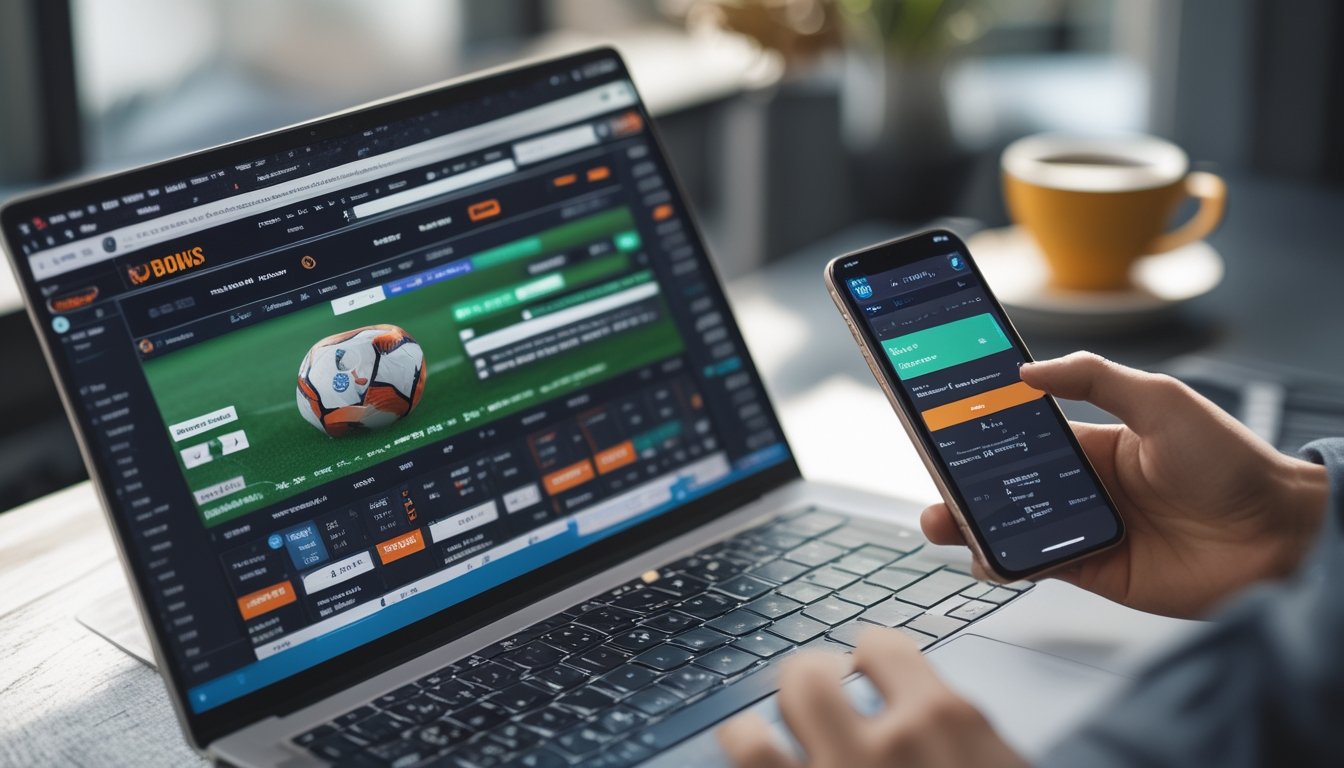 Seseorang menggunakan laptop dan ponsel untuk bermain taruhan bola online di meja kerja dengan suasana fokus dan santai.