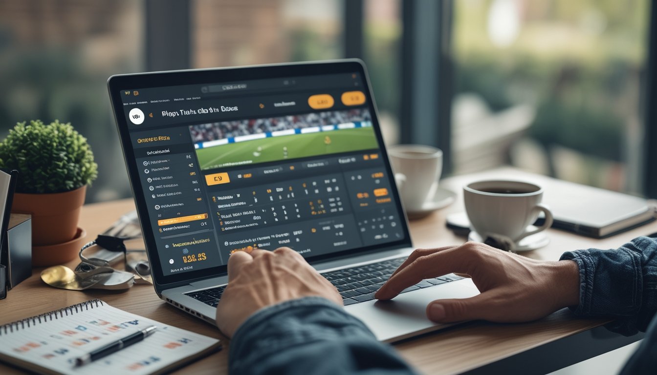 Seorang pengguna menggunakan laptop dengan tampilan platform taruhan bola online di meja kerja yang rapi.