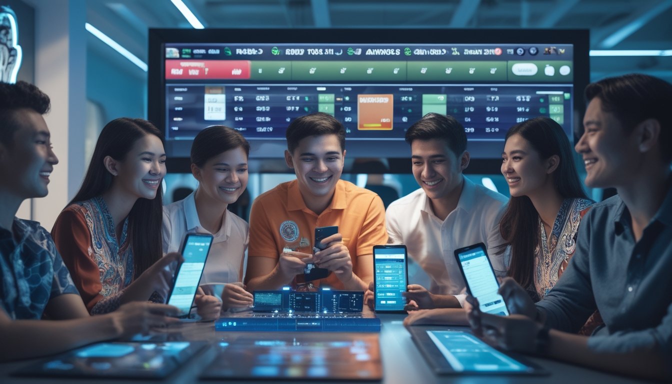 Sekelompok orang muda sedang melihat layar digital besar dengan statistik pertandingan sepak bola dan menggunakan ponsel di ruangan modern.