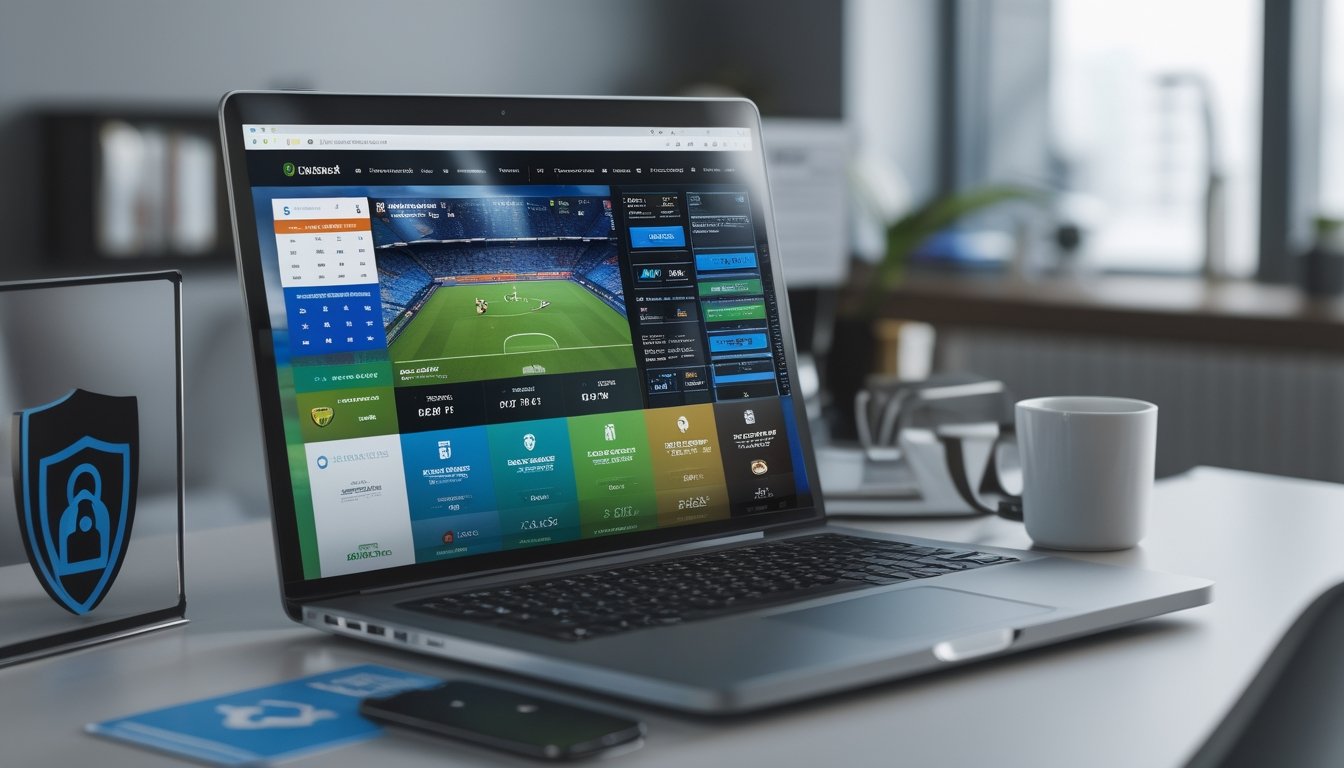 Seorang pengguna sedang bekerja di depan laptop dengan tampilan situs taruhan bola online yang menampilkan elemen sepak bola dan simbol keamanan di meja kerja yang rapi.