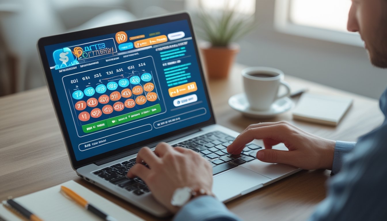 Seseorang sedang mengetik di laptop dengan tampilan situs togel online, di meja terdapat secangkir kopi dan buku catatan.