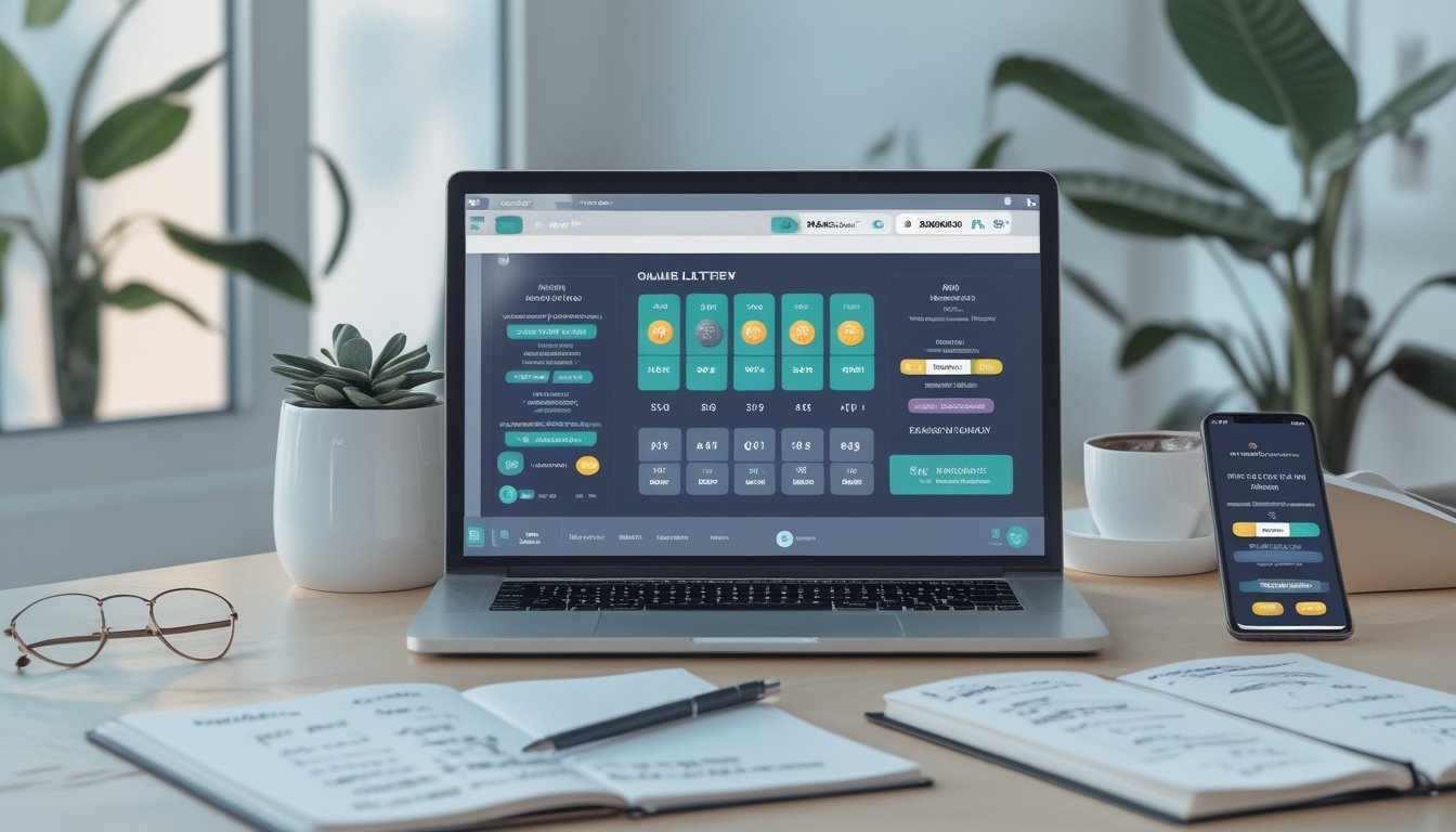 Meja kerja dengan laptop, ponsel, dan buku catatan yang menunjukkan aktivitas terkait togel online.