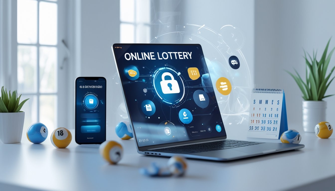 Laptop di meja dengan layar menampilkan transaksi pembayaran aman, dikelilingi bola togel dan smartphone yang menunjukkan konfirmasi pembayaran.