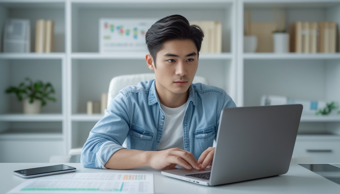 Seorang pria muda duduk di meja dengan laptop, melihat layar dengan ekspresi fokus di ruang kerja rumah yang rapi.