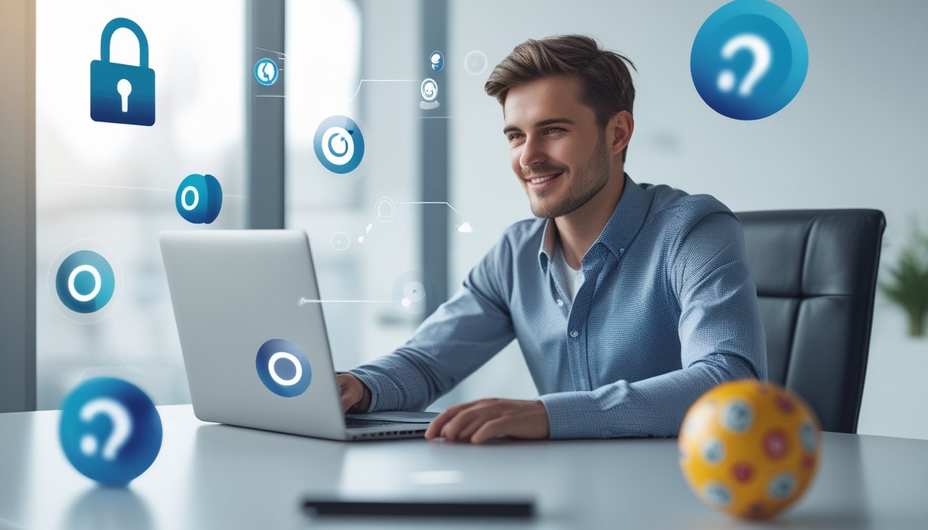 Seorang pria muda duduk di depan laptop di kantor yang terang, fokus dan tersenyum saat menggunakan situs togel online yang terpercaya.