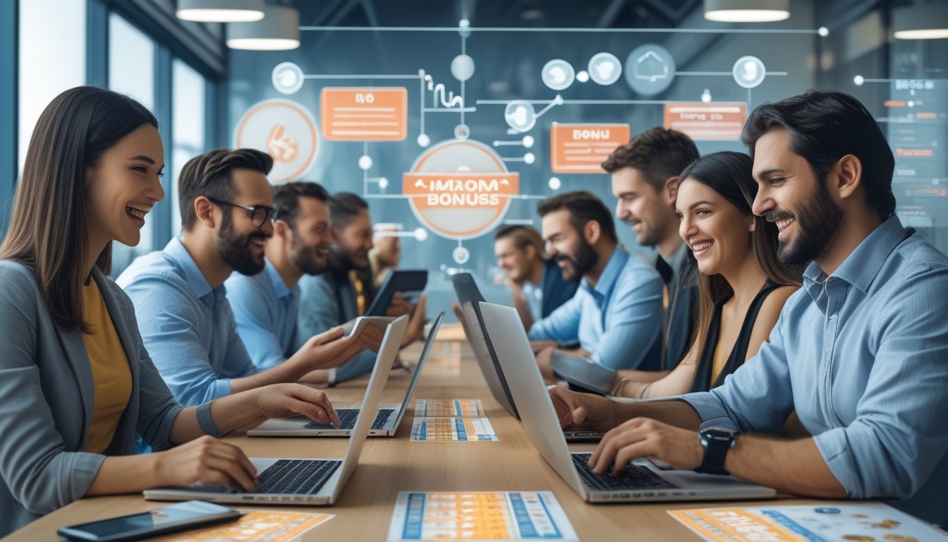 Beberapa orang menggunakan laptop dan ponsel di kantor modern sambil terlihat bersemangat dan fokus, dengan tiket lotere dan grafik digital di meja.
