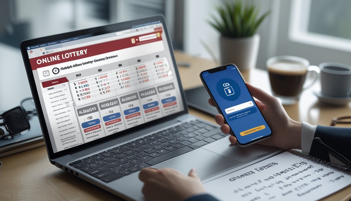 Meja kerja modern dengan laptop, ponsel, dan catatan yang menunjukkan aktivitas memilih situs togel online terpercaya.