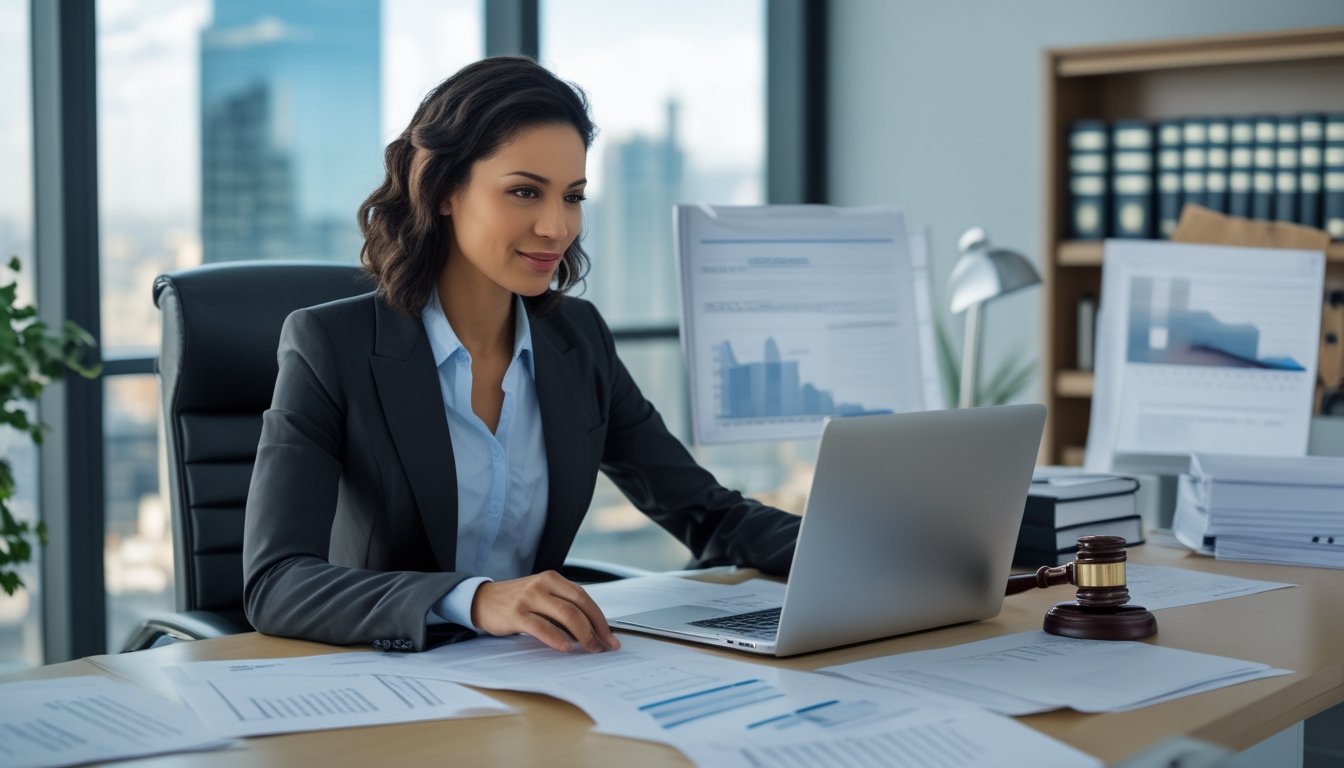 Seorang wanita profesional duduk di meja kantor dengan dokumen dan laptop, di latar belakang terlihat pemandangan kota.