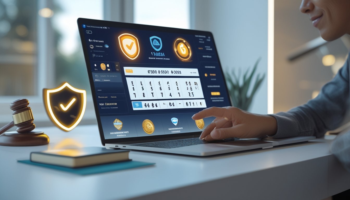Orang menggunakan laptop dengan tampilan antarmuka togel online yang menunjukkan simbol keamanan dan legalitas.