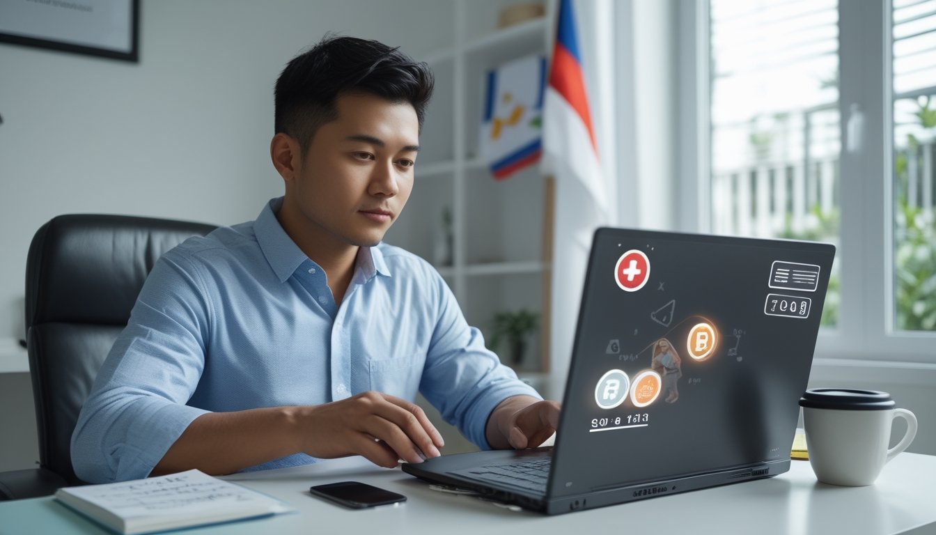 Seorang pria Indonesia duduk di meja dengan laptop, fokus bermain togel online di ruang kerja yang terang dan rapi.