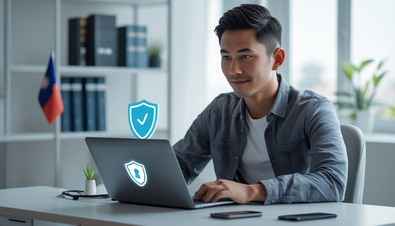 Seorang pria Asia duduk di meja dengan laptop di ruang kerja rumah yang rapi dan terang, menunjukkan fokus dan rasa aman saat menggunakan perangkat digital.