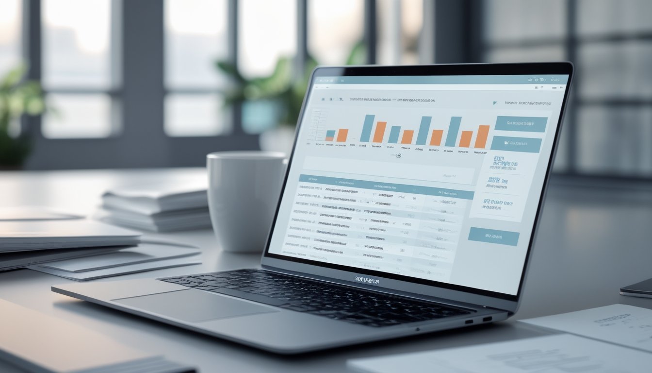 Sebuah meja kerja dengan laptop yang menampilkan antarmuka situs lotere online, dikelilingi dokumen dan ponsel, di ruang kantor dengan pencahayaan alami.