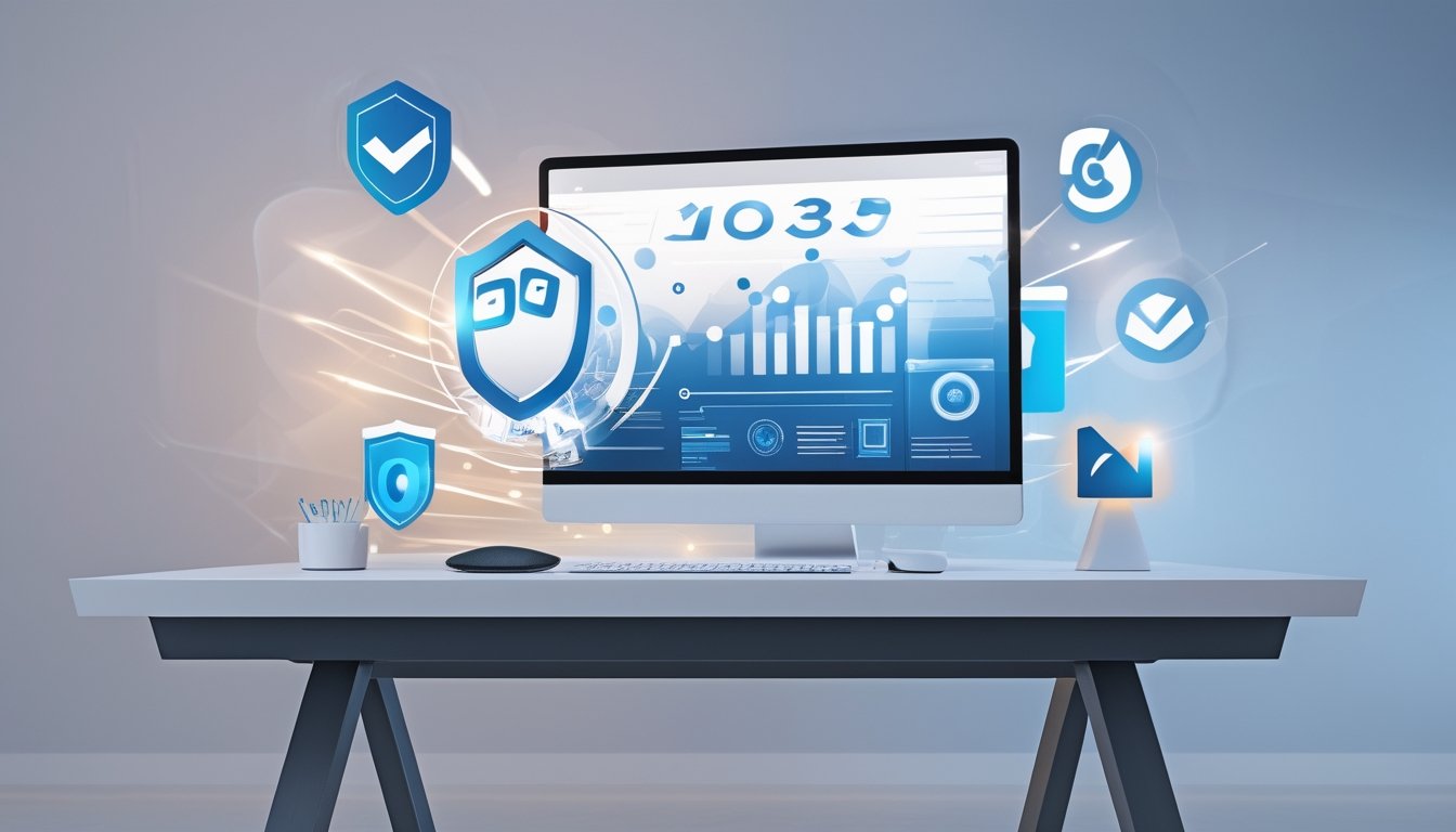 Meja kerja modern dengan komputer yang menampilkan grafik dan angka, dikelilingi ikon keamanan dan tanda centang, menggambarkan layanan togel online terpercaya.