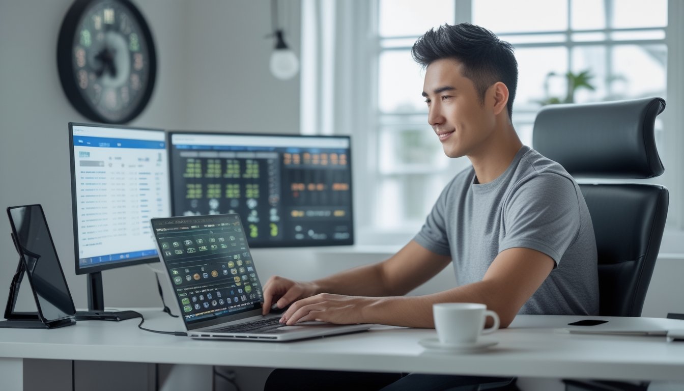 Seorang pria muda duduk di meja kerja menggunakan laptop dengan beberapa layar yang menampilkan grafik dan angka, di ruang kerja modern yang terang dan rapi.