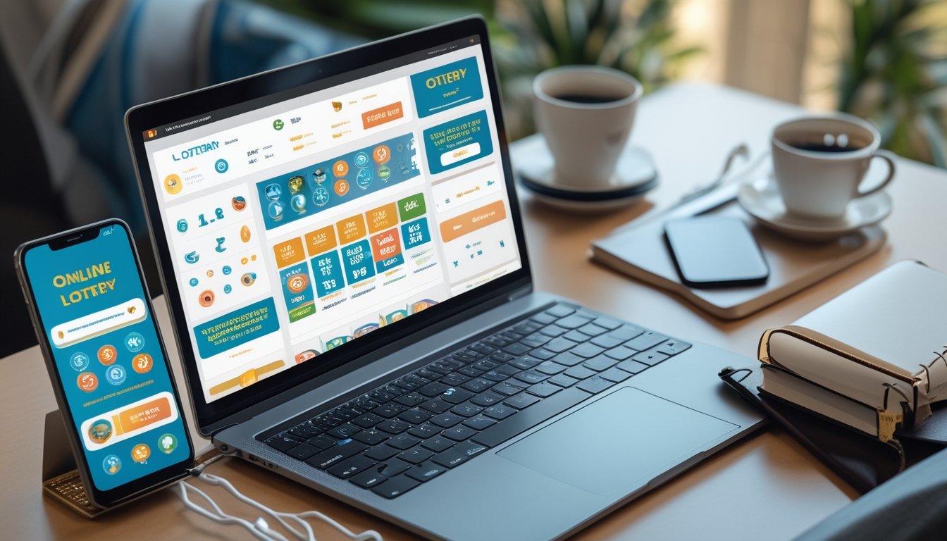 Seorang pengguna duduk di depan laptop dengan layar menampilkan situs togel online, dikelilingi oleh smartphone, cangkir kopi, dan buku catatan di meja kerja yang rapi.