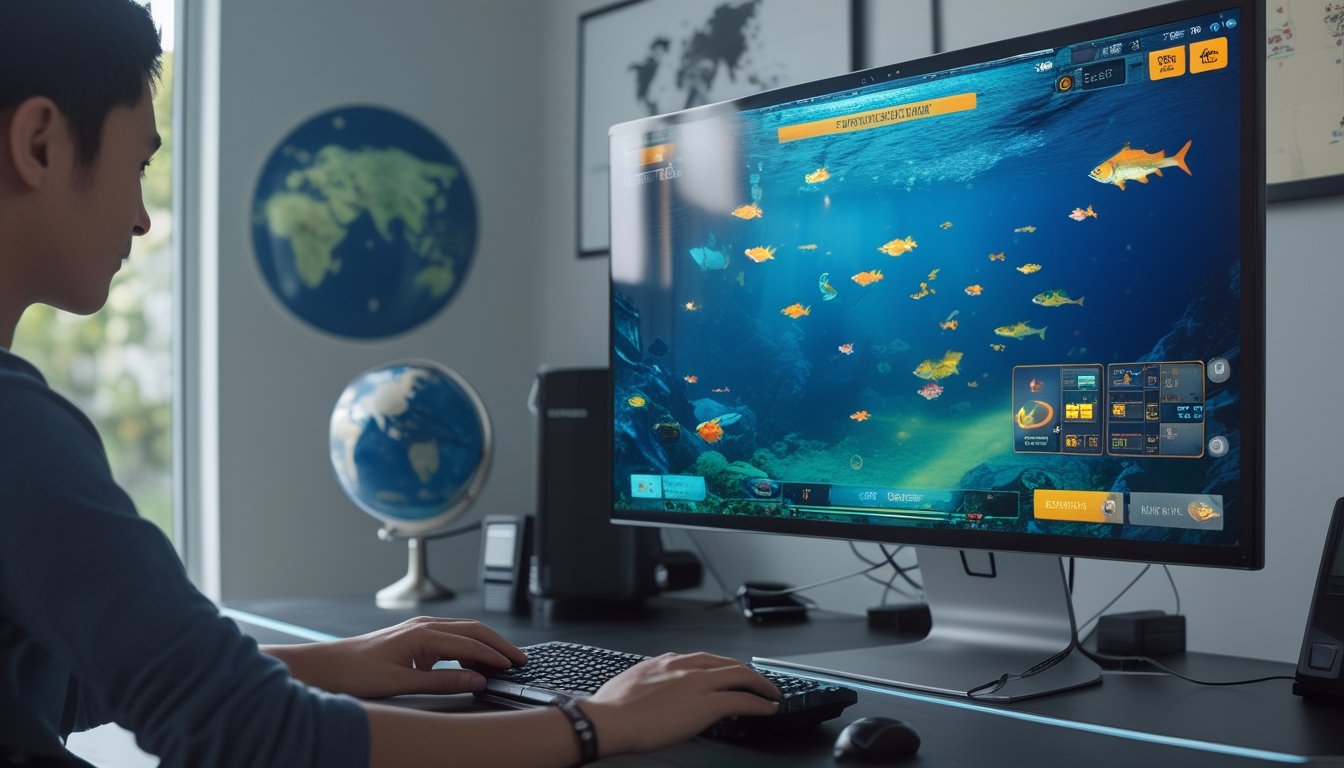 Seseorang bermain game judi tembak ikan di komputer dengan layar menampilkan grafis ikan berwarna-warni di ruangan kerja yang terang.