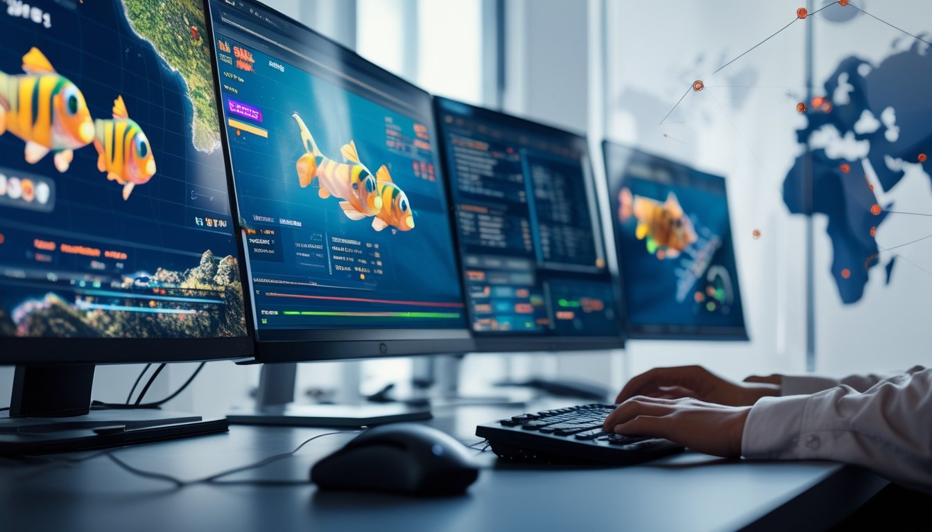 Meja kerja dengan beberapa monitor komputer menampilkan permainan tembak ikan dan status server, tangan seseorang sedang menggunakan keyboard dan mouse, latar belakang peta dunia dengan garis koneksi jaringan.