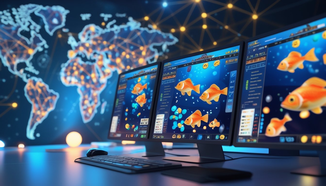 Sebuah meja komputer modern dengan beberapa monitor yang menampilkan permainan tembak ikan berwarna-warni dan grafik jackpot, dengan latar belakang peta dunia yang menunjukkan koneksi server internasional.