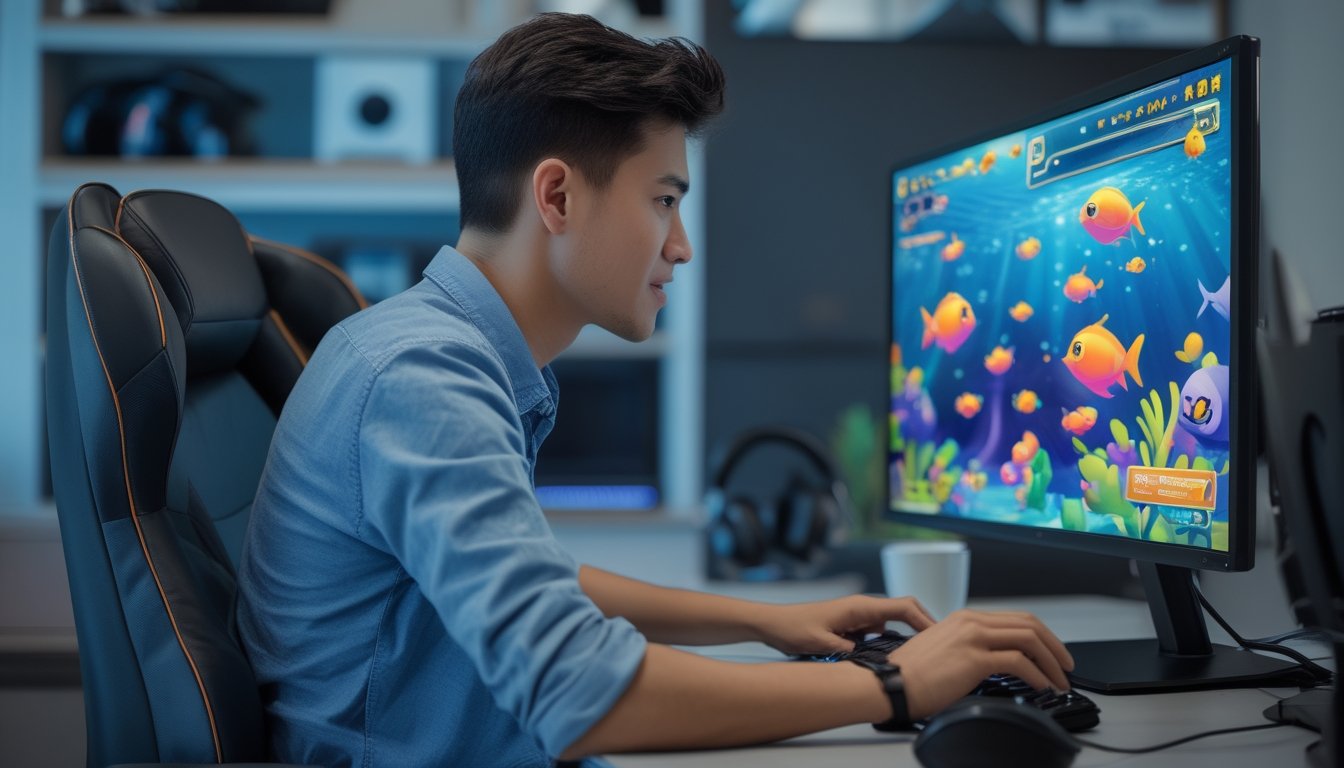 Seorang pria muda duduk di depan komputer yang menampilkan permainan tembak ikan dengan latar belakang ruangan yang nyaman dan peralatan gaming.