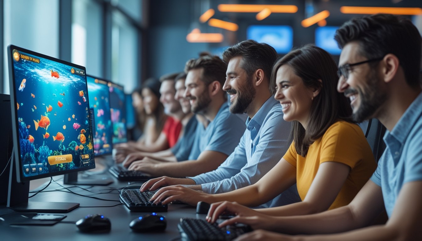 Beberapa orang dewasa bermain game tembak ikan di komputer dengan latar ruangan modern dan pencahayaan terang.