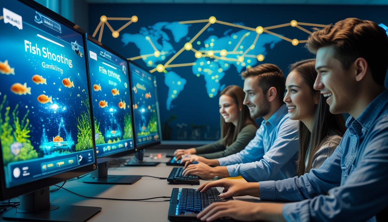 Sejumlah orang muda sedang bermain game judi tembak ikan di komputer dengan latar belakang peta jaringan digital internasional.