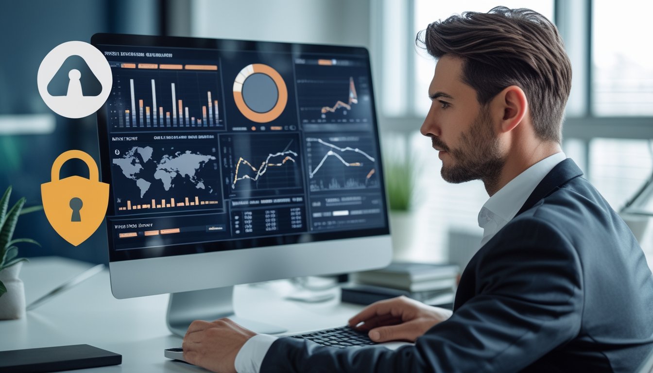 Seorang profesional sedang menganalisis data di depan komputer dalam ruangan kantor yang rapi dan terang.