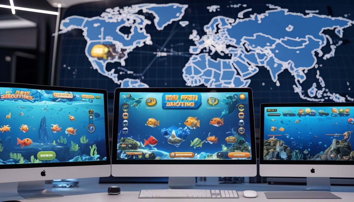 Ruang kerja modern dengan beberapa monitor menampilkan permainan tembak ikan bertema bawah laut dan peta dunia di latar belakang.