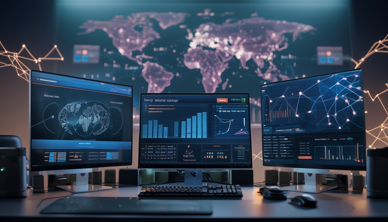 Ruang kerja modern dengan beberapa monitor komputer yang menampilkan grafik dan diagram jaringan server, menunjukkan tema teknologi dan konektivitas global.