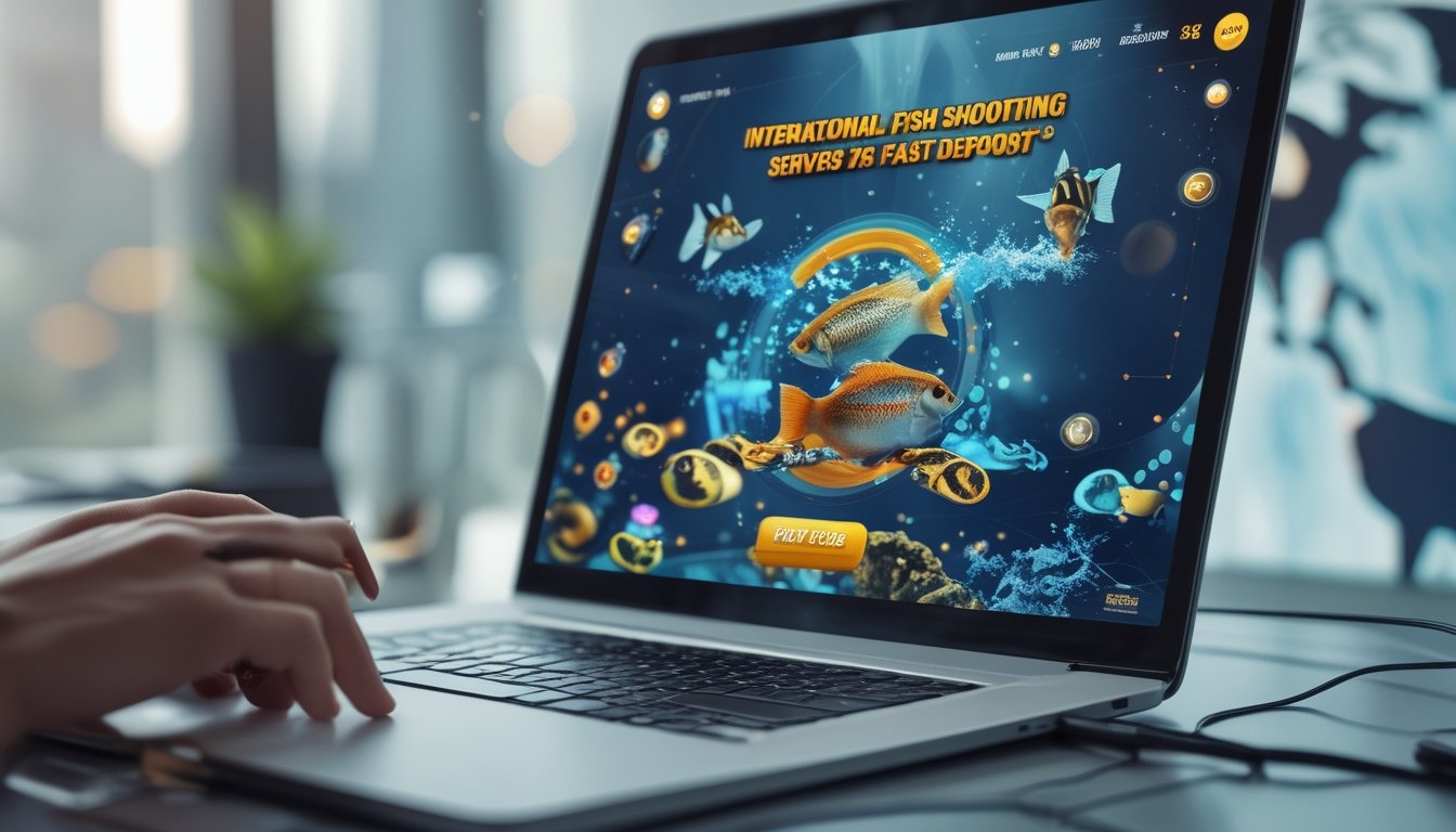 Seseorang menggunakan perangkat digital dengan tampilan permainan tembak ikan di layar, di latar belakang terdapat elemen yang menunjukkan koneksi internasional.