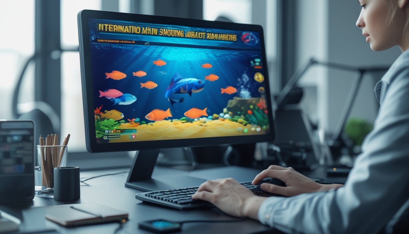 Seseorang sedang bermain game tembak ikan di komputer dengan layar menampilkan grafis ikan berwarna-warni di bawah laut.