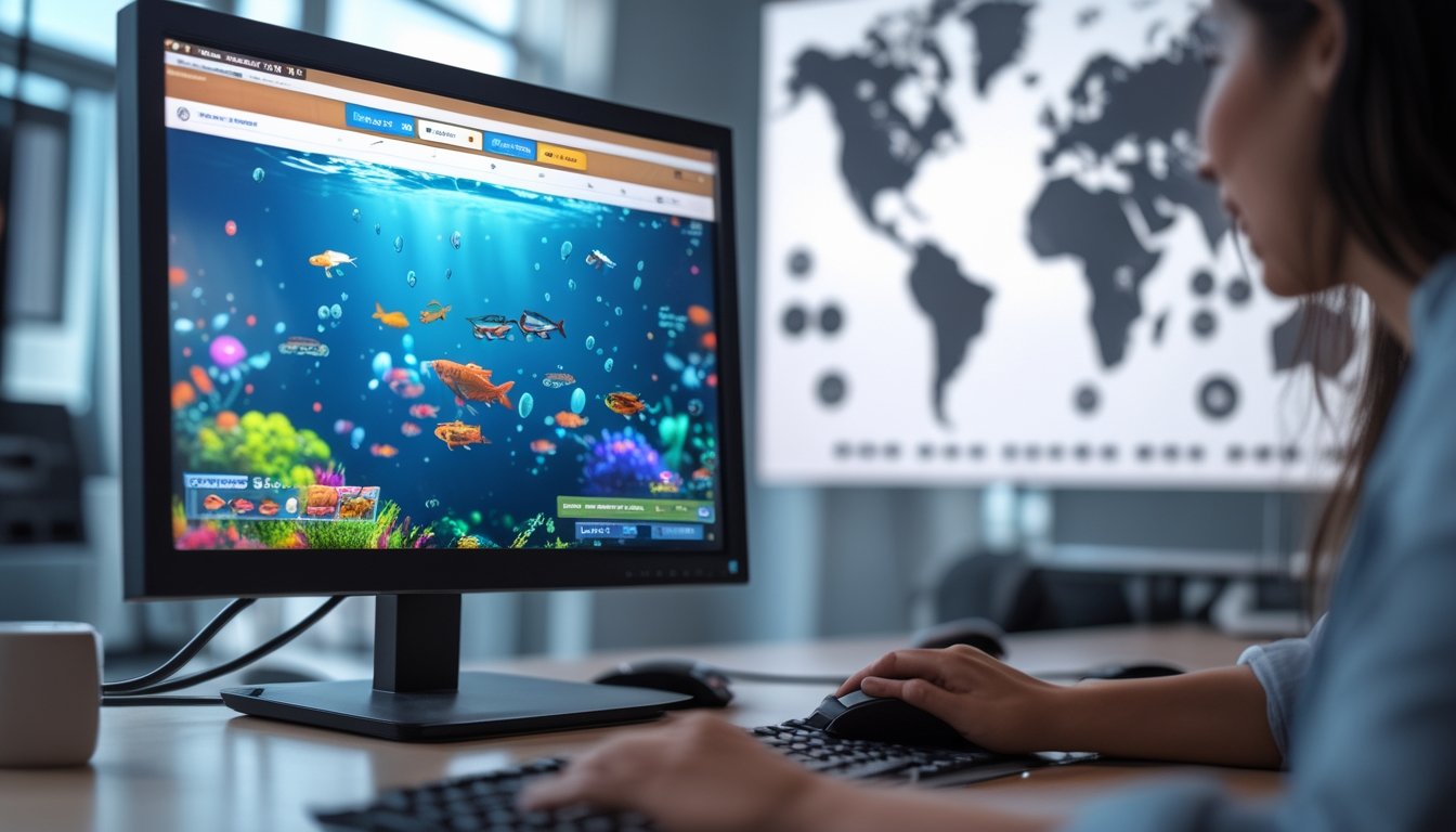Seseorang sedang bermain permainan tembak ikan di komputer dengan latar belakang kantor modern.